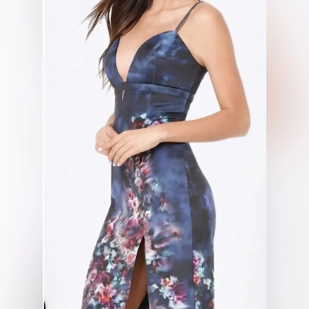 Bebe NWT Amanda Print Dark Blue Spaghetti Straps Scuba Mini Dress **Sz M**🔥🔥 - Picture 2 of 9